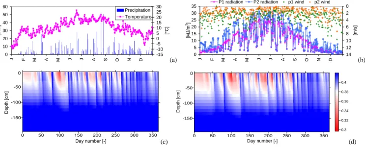 Fig. 6. Meteorological inputs and simulated soil moisture time series at P1 and P2. (a) Precipitation and temperature, (b) radiation and wind, (c) soil moisture profile at P1 and (d) soil moisture profile at P2.