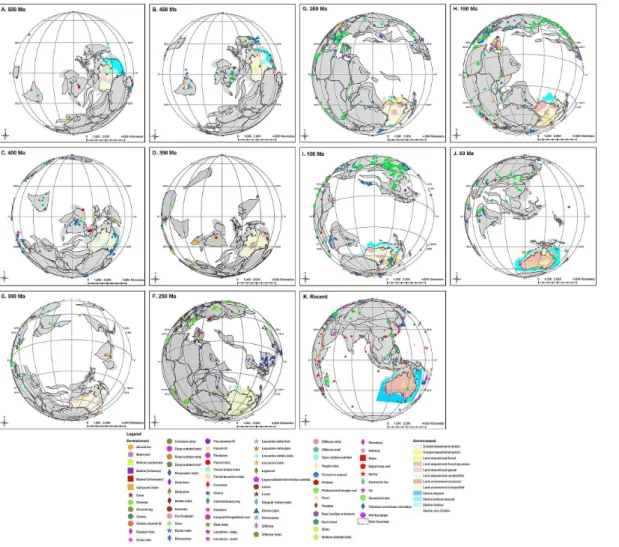 Fig. 4. Phanerozoic global plate reconstructions with Australian paleogeography and biogeographic indicators in 50 Myr increments
