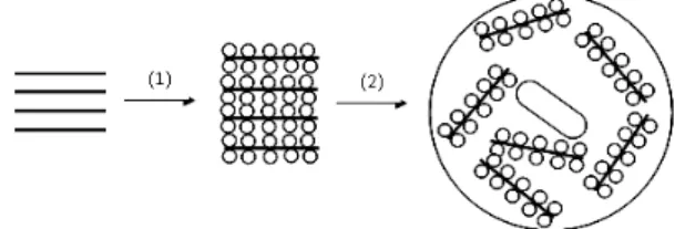 Fig. 1  – Possible  mechanism  of  reduced  graphene  oxide  for- for-mation  (1)  Oxidation  of  graphite  to  graphite  oxide  and  (2)  Exfoliation  of  graphene  oxide  under  stirring