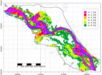 Fig. 11. Map of minimal depth to groundwater table at 100-year- 100-year-flood scenario without 100-year-flood protection.