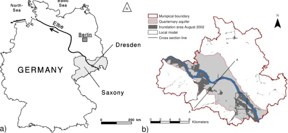 Fig. 5. Map of Germany with study area (a) and map of Dresden (b) with line of geological cross section (Fig