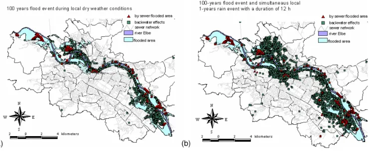 Fig. 9. Backwater effects and flooded areas during a 100-year flood event in Dresden (scenario without any safety measures on the surface) (a): without additional rain event; (b): with additional rain event.
