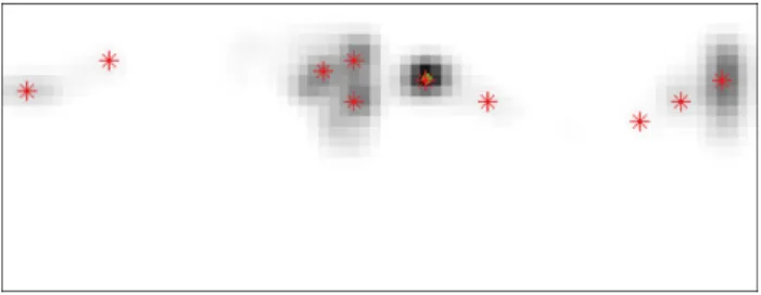 Figure 2: Example of a smoothed 2D histogram of all possible solutions with the ten detected local maxima (red) and the true solution from the ground truth (green)