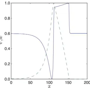 Figure 17. Separation of time scales yields qualitative differ- differ-ence in the spatial gradients of activator (solid line) and inhibitor (dashed line)