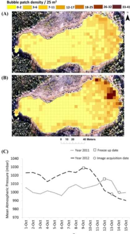 Figure 7. Bubble patch density in a 5 m×5 m grid as seen in the October images of the year (a) 2011; and (b) 2012