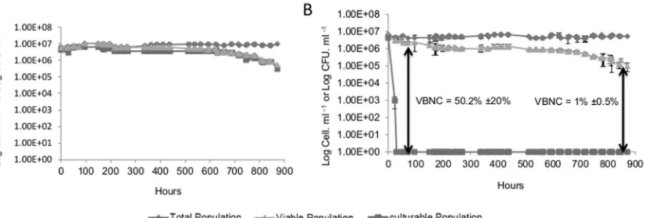Figure 1. Changes in the total cell population (¤) culturable population (&amp;), and viable population (m) of a culture of S