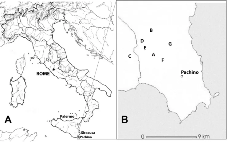 Figure 1. Research area (A) and location of the wineries (B) where must sampling was carried out (collection sites are indicated by capital letters).