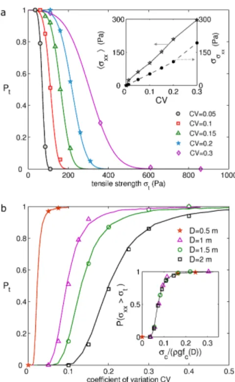 Figure 3. (a) Probability of slab tensile failure P t within the simulated system (partial-slope release) as a function of the tensile strength σ t for different values of the coefficient of variation CV and for a constant correlation length ǫ = 2 m, a con