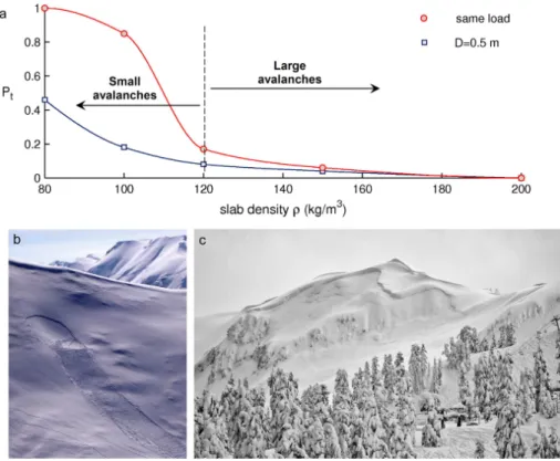 Figure 6. Slab tensile failure probability P t vs. slab density for ǫ = 2 m and taking into account the relation between slab density ρ, its Young’s modulus E and its tensile strength σ t according to Eqs