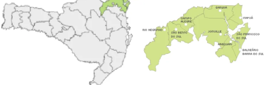Figura 07 –  Mapa de Santa Catarina com destaque das cidades que  compõem o nordeste do estado 