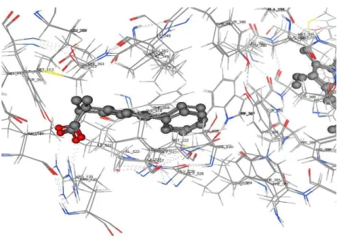 Figure 3   Alignment of COX-2 (code 3PGH) and COX-1 (code 1EQH) crystal  structures  represent  the  same  site  in  which  their  non-selective  inhibitor,  flurbiprofen was co-crystallized