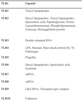Table 1: Human TLRs and their respective ligands  (2, 14-19, 26) LigandsTLRs Triacyl lipopeptidesTLR1