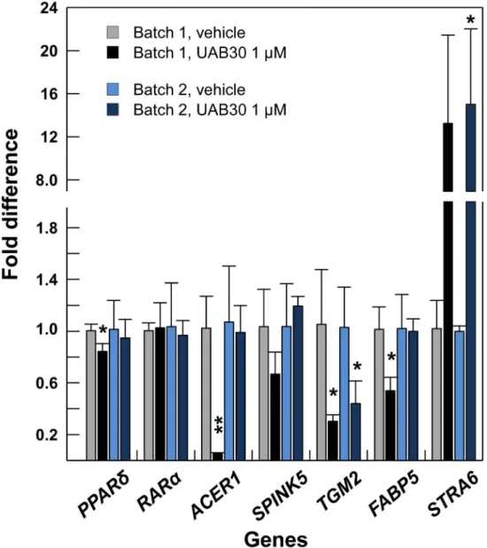 Fig 7. QPCR analysis of select RXR target genes in skin rafts treated with UAB30. QPCR analysis was performed as described in Fig 3 using skin rafts prepared from two different batches (designated 1 and 2) of skin keratinocytes each pooled from 2–3 donors