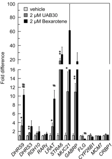 Fig 3. QPCR analysis of gene expression in skin rafts treated with UAB30 or Bexarotene