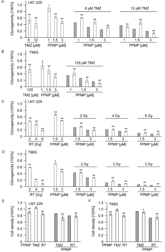 Figure 5. Co-treatment with PPMP and TMZ or irradiation shows additive but not synergistic effects in vitro