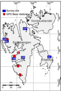 Fig. 1. Sites included in the study are Austre Brøggerbreen (AB); Albrechtbreen (AL);