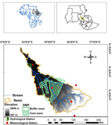 Figure 1. Topography (m) of the Dinder River basin based on a 90 km digital elevation model and geographic locations of DNP and hydrological and meteorological stations.