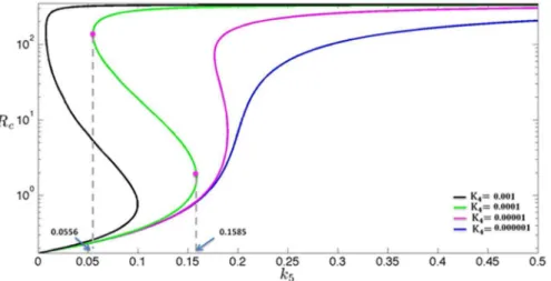 Fig. 3. Steady-state bifurcation diagrams. The dependence of the steady states of variable R c (RNA level of c-KIT) on parameter k 5 (transcription rate of E2F6) for difference values of the parameter K 4 (inhibition efficiency of E2F6)