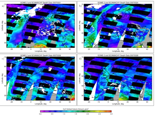 Fig. 4. GOME-2 (background) and SCIAMACHY (boxes) water vapour swath data over Europe for three days with different relative locations of the ground tracks