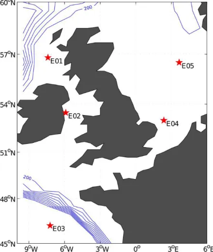 Fig. 1. Map of study area showing locations of bioassay experiments as red stars. Blue lines are 200 m depth contours.