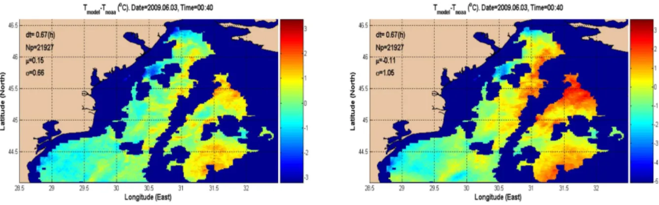 Fig. 15. Difference of simulated and observed SST fields on the north-western shelf of the Black Sea 3 June 2009