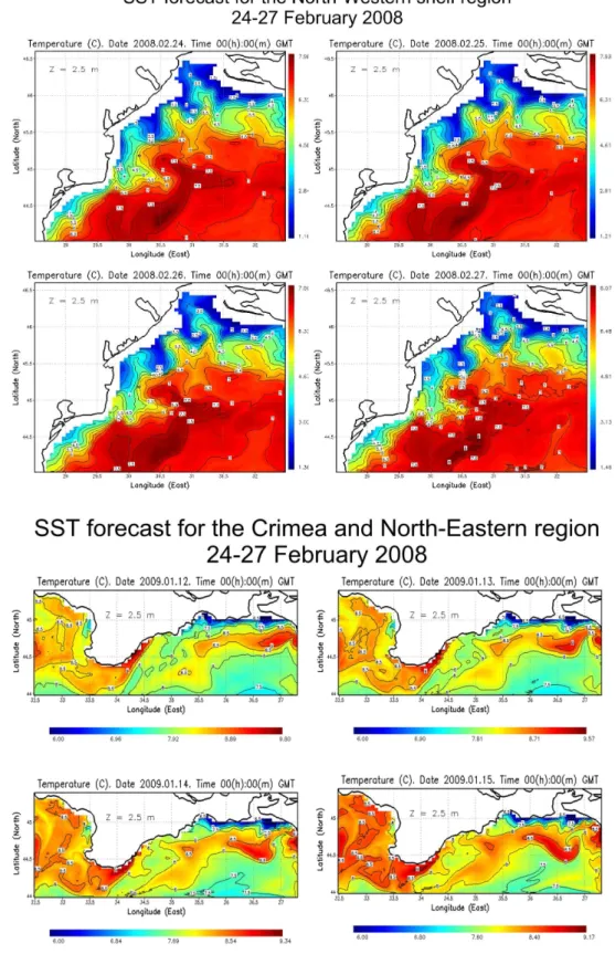 Fig. 6. Examples of analysis and forecast of SST: (a) on the north-western shelf region (area NWS) and (b) near the Crimea cost (area C).