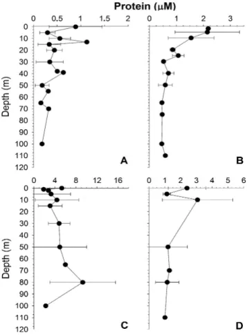 Fig. 4. Suspended particulate (A, B) and dissolved (C, D) protein concentration in the water column (µM) during the austral winter (left panels) and spring-summer (right panels)