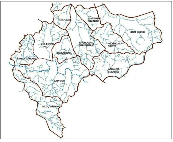Figura 4  –  Mapa de município com a demarcação de microbacias hidrográficas. 