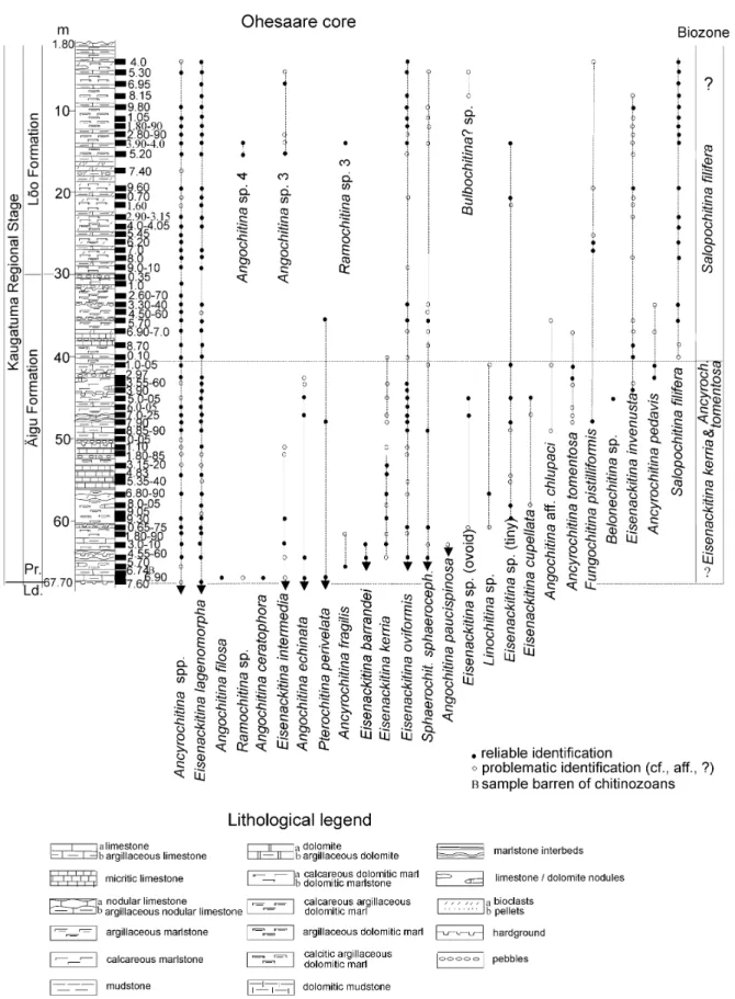 Fig. 3. Lithological log, legend and ranges of chitinozoan species in the Přídolí of the Ohesaare core