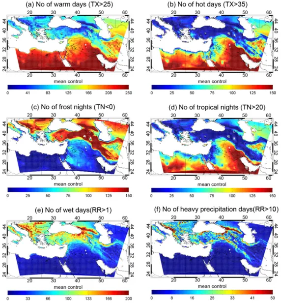 Figure 5. Spatial patterns of the number of warm days (a), hot days (b), frost nights (c), tropical nights (d), wet days (e) and days with heavy precipitation (f), per year, during the control period 1961–1990.