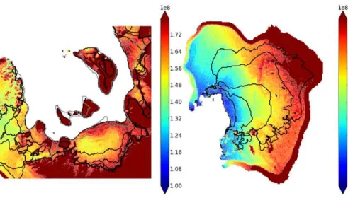 Figure 6. Vertically averaged hardness [Pa s −3 ] for 5 km resolution.