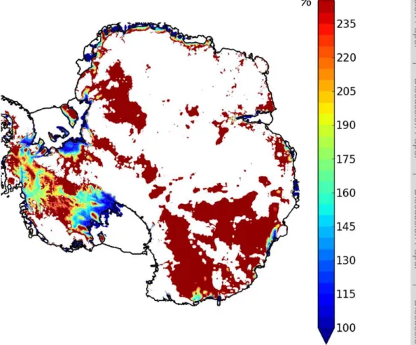 Figure 11. Map of H/H f [%] for ALBMAP data for marine Antarctic regions.