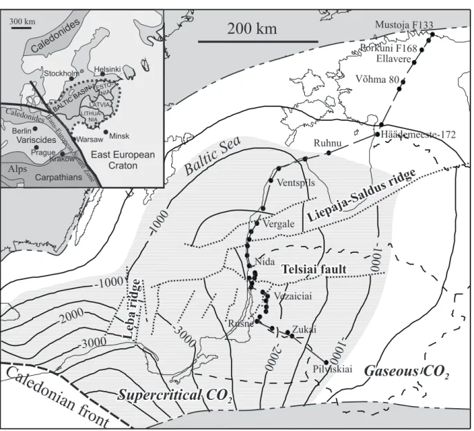 Fig. 1. Structure map of the Baltic Basin (modified after Sliaupa et al. 2008). The contour lines indicate the depth of the top of the Cambrian