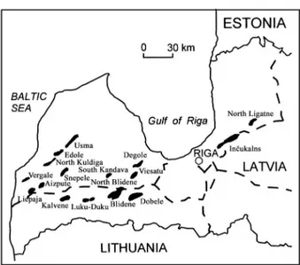 Fig. 3. Major Cambrian aquifer structures (CO 2  storage potential  exceeding 2 Mt) of Latvia and Inčukalns underground gas  storage (modified after LEGMA 2007)