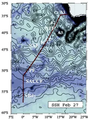 Fig. 1. Map showing the cruise track and sea surface height (SSH) for the southwest Atlantic sector of the Southern Ocean during the BONUS GoodHope 2008 cruise