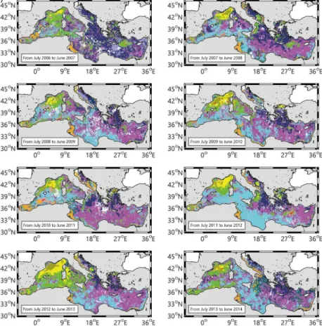 Figure 3. Maps of the spatial distribution of the trophic regimes (i.e. bioregions), (a) for the years 1999 to 2006 and (b) for the years 2007 to 2014