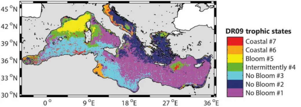 Figure 8. Spatial distribution of the climatological trophic regimes obtained from the DR09 methodology (i.e