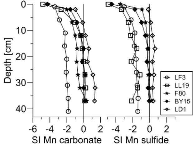 Figure 3. Saturation indices (SI) for Mn carbonate (here as Mn 0.74 Ca 0.26 CO 3 ) and Mn sulfide as calculated from the pore  wa-ter data with PHREEQC.