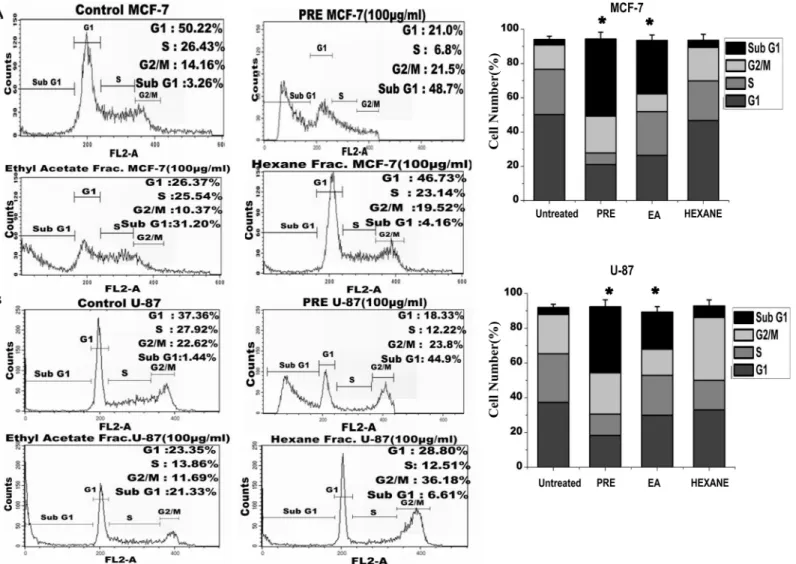 Fig 3. Analysis of cell cycle (A) The flow cytometry analysis on cell cycle distribution of PI-labeled MCF-7 cells and (B) in U87 cells with and without treatment with PRE, ethyl acetate (EA) and hexane (Hex) soluble fractions of P