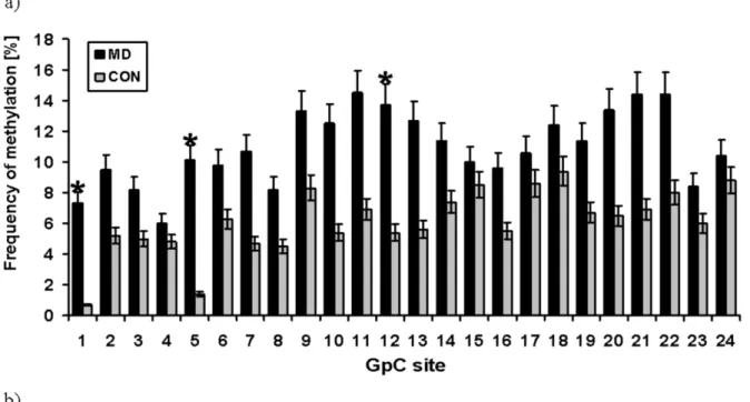 Figure 1. Frequency of DNA methylation in the investigated ACE promoter region. (a) Frequency of DNA methylation at 24 CpG sites, located in the (2456/2255) region of the ACE gene in depressive patients (MD) and healthy controls (CON); *: p,0.05 (x2-test)