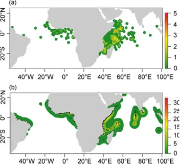 Fig 6. Smoothed densities of dFAD beaching events (b) and their corresponding deployments positions (a)