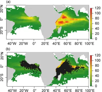Fig 7. Mean yearly dFAD density (a) and ineffective dFAD effort (b) for the period 2007–2011