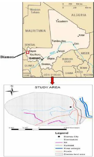 Fig. 1:  Diamou  location,  indicated  by  red  box  is  extended as a study area   