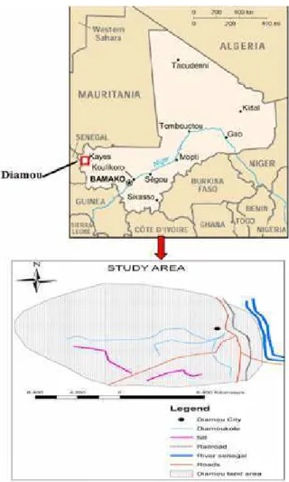 Fig. 1:  Diamou  location,  indicated  by  red  box  is  extended as a study area   