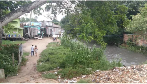 Figura 1: Residências nas margens alagáveis do Igarapé dos Franceses na cidade de Manaus - AM, o qual se  encontra poluído estando seu curso d’água composto de detritos disposto no leito destes contribuindo para  sua poluição, tais como restos de resíduos 
