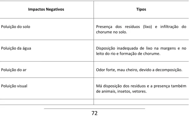 Tabela 1  –  Tipos de impactos negativos provocados pelo lixão localizado na serra de São Pedro