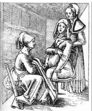Figura 3: Uma parteira em ação. Gravura da obra de Roesslin “O  jardim de rosas para parteiras e grávidas” de 1513.