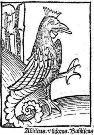 Figura 2: gravura do Basilisco em forma de galo de cauda serpentiforme da obra de  Cuba  Ortus sanitatis  (1491) 