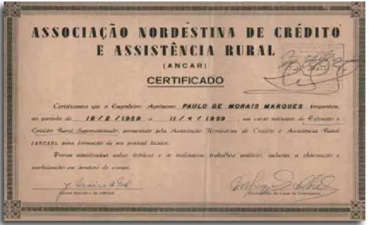 Figura 4- Certificado do Curso Intensivo de Extensão e Crédito Rural Supervisionado, promovido pela  Associação Nordestina de Crédito e Assistência Rural (ANCAR), 1959