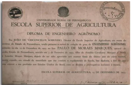 Figura 10 - Diploma de Engenheiro Agrônomo emitido pela Escola Superior de Agricultura da  Universidade Rural de Pernambuco em 15 de dezembro de 1955